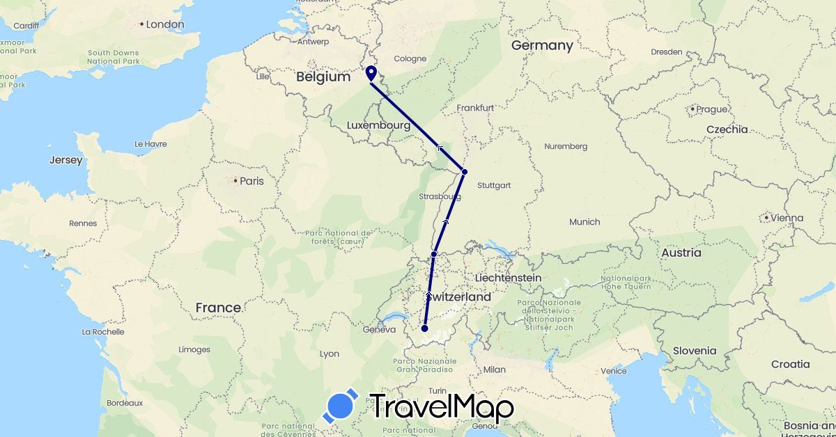 TravelMap itinerary: driving in Belgium, Switzerland, Germany (Europe)